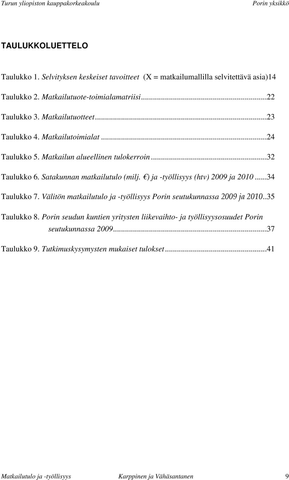 ) ja -työllisyys (htv) 2009 ja 2010...34 Taulukko 7. Välitön matkailutulo ja -työllisyys Porin seutukunnassa 2009 ja 2010..35 Taulukko 8.