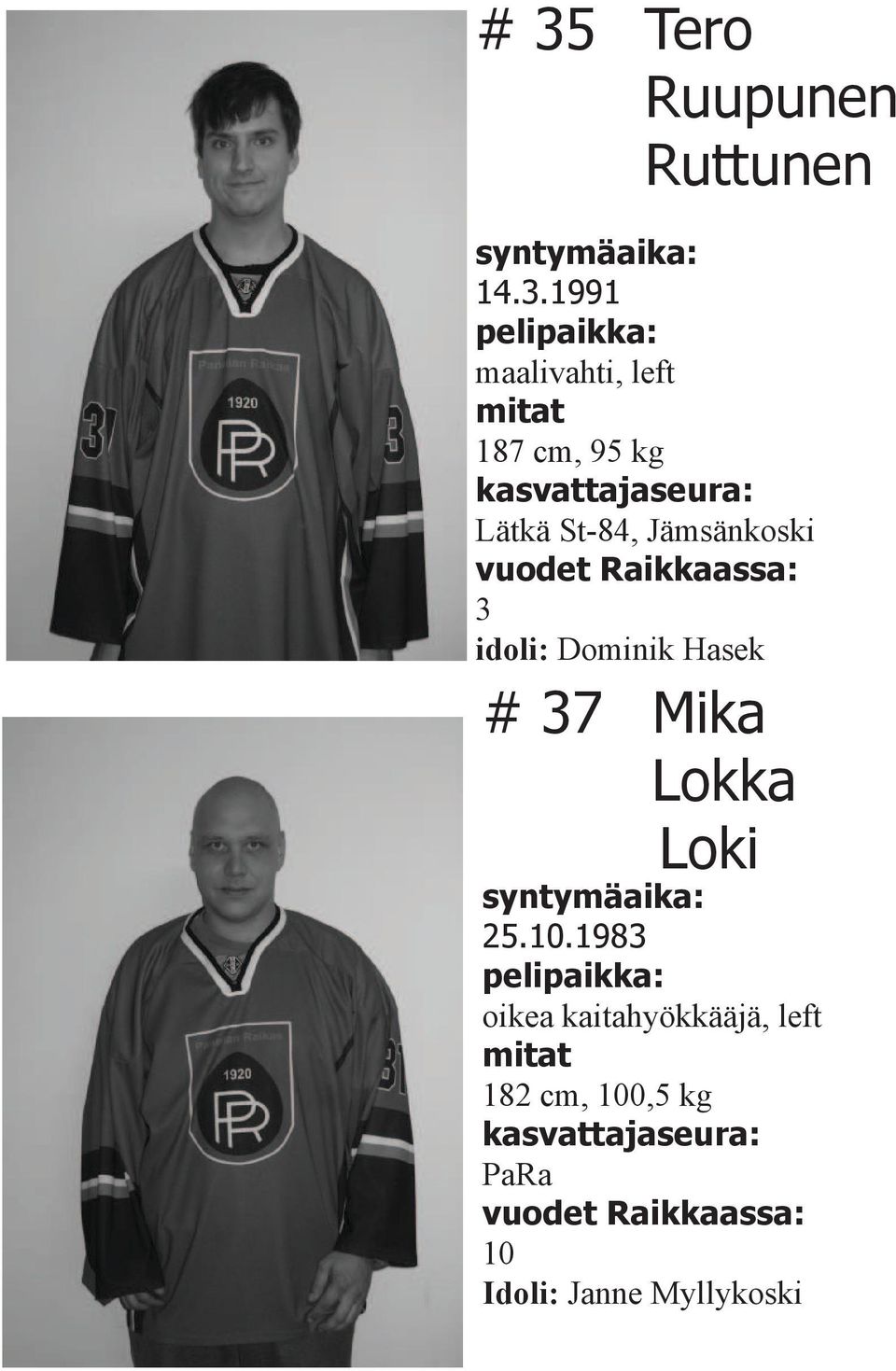 Dominik Hasek # 37 Mika Lokka Loki 25.10.