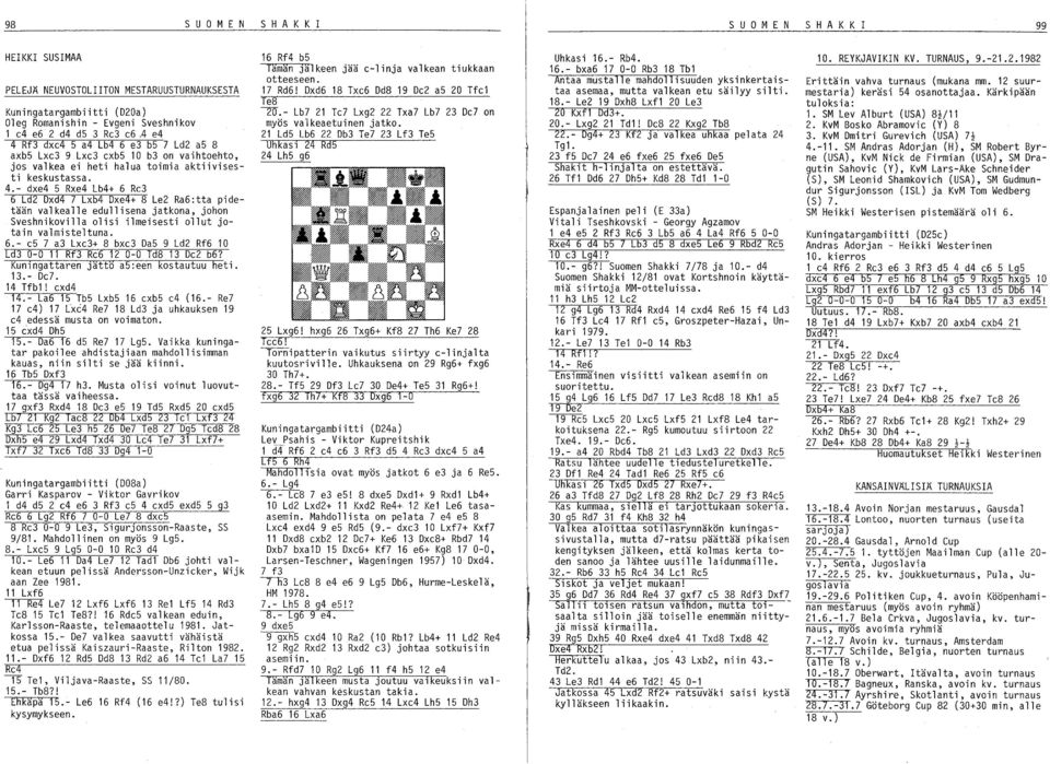 Lxb4 Dxe4+ 8 Le2 Ra6:tta pidetään valkealle edullisena jatkona, johon Sveshnikovilla olisi ilmeisesti ollut jotain valmisteltuna. 6.- es?