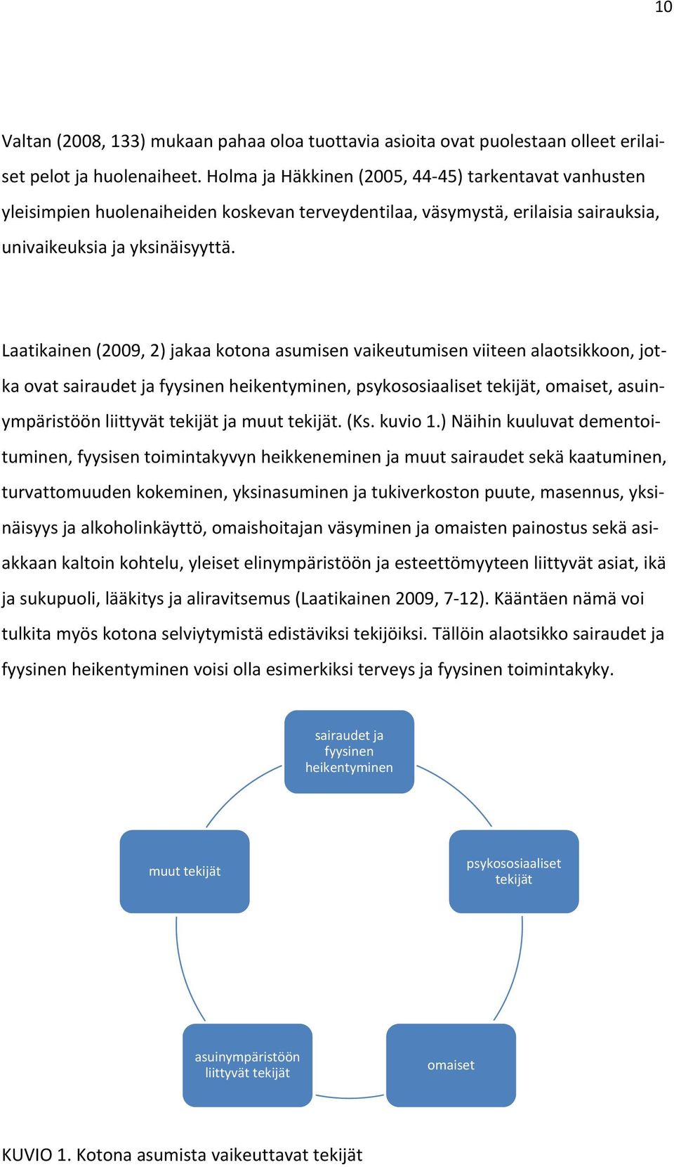 Laatikainen (2009, 2) jakaa kotona asumisen vaikeutumisen viiteen alaotsikkoon, jotka ovat sairaudet ja fyysinen heikentyminen, psykososiaaliset tekijät, omaiset, asuinympäristöön liittyvät tekijät