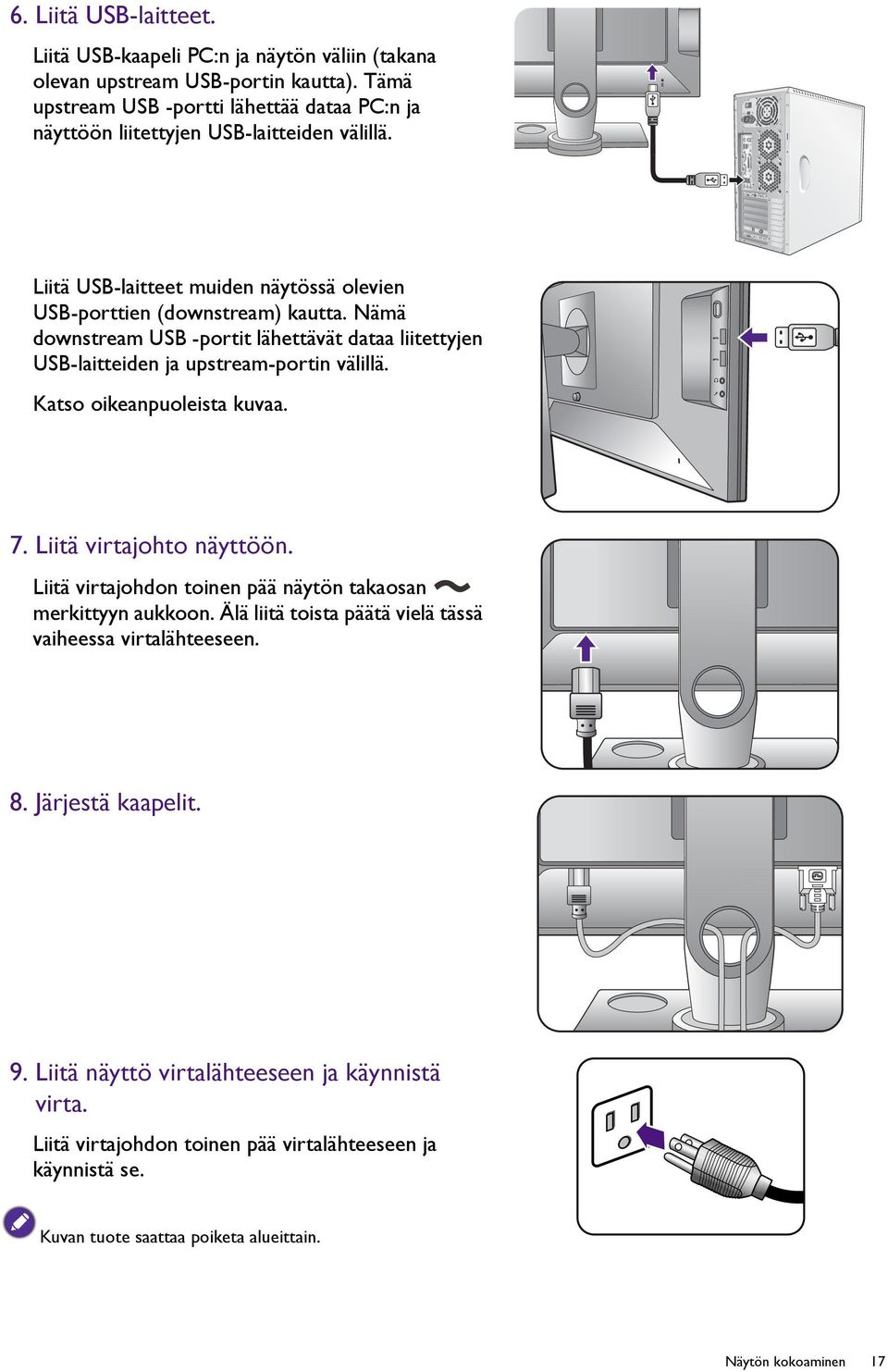 Nämä downstream USB -portit lähettävät dataa liitettyjen USB-laitteiden ja upstream-portin välillä. Katso oikeanpuoleista kuvaa. 7. Liitä virtajohto näyttöön.