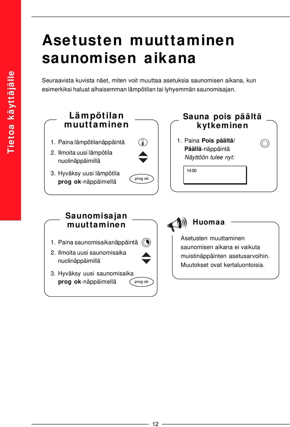 Paina Pois päältä/ Päällä-näppäintä Näyttöön tulee nyt: 3. Hyväksy uusi lämpötila prog ok-näppäimellä 14:00 Saunomisajan muuttaminen 1. Paina saunomisaikanäppäintä 2.