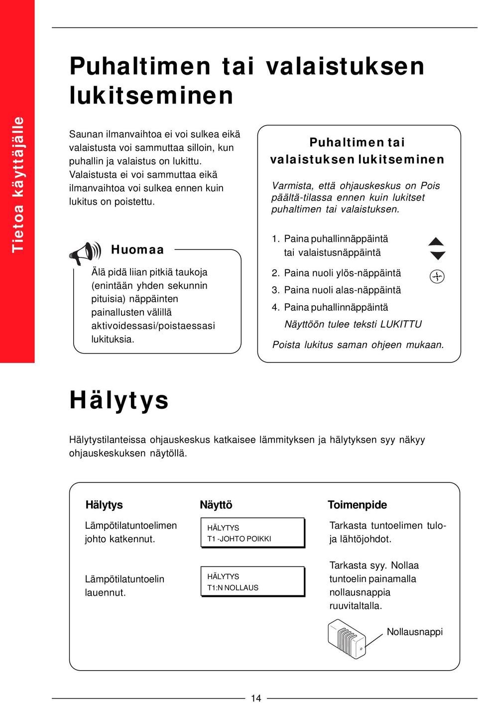 Huomaa Älä pidä liian pitkiä taukoja (enintään yhden sekunnin pituisia) näppäinten painallusten välillä aktivoidessasi/poistaessasi lukituksia.