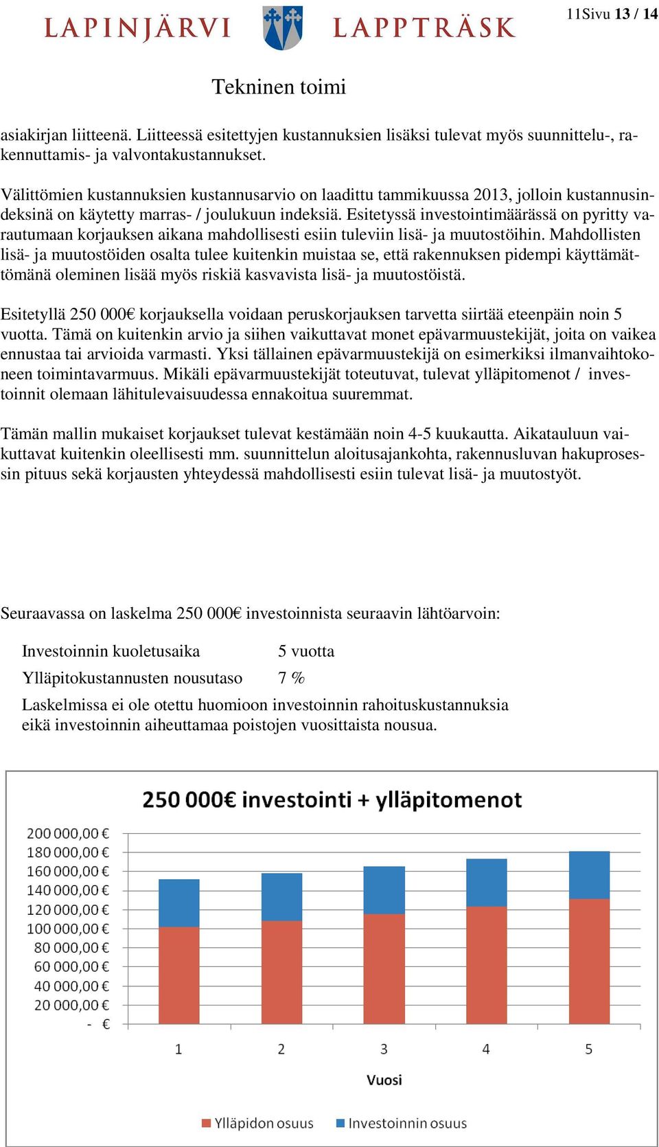 Esitetyssä investointimäärässä on pyritty varautumaan korjauksen aikana mahdollisesti esiin tuleviin lisä- ja muutostöihin.