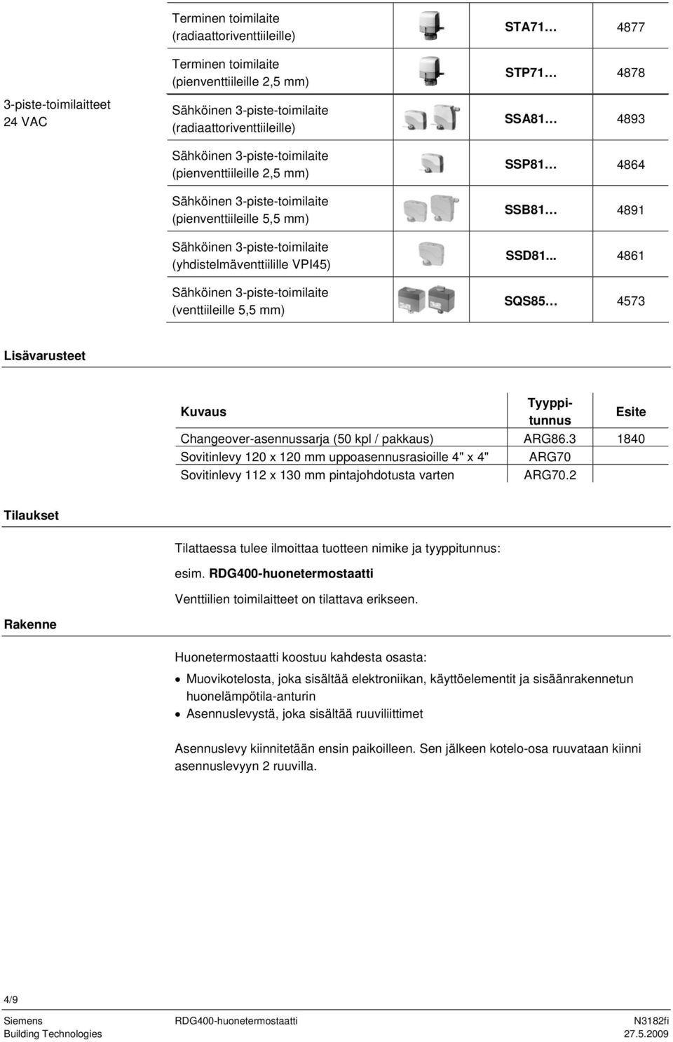 .. 4861 SQS85 4573 Lisävarusteet Kuvaus yyppitunnus Esite Changeover-asennussarja (50 kpl / pakkaus) ARG86.