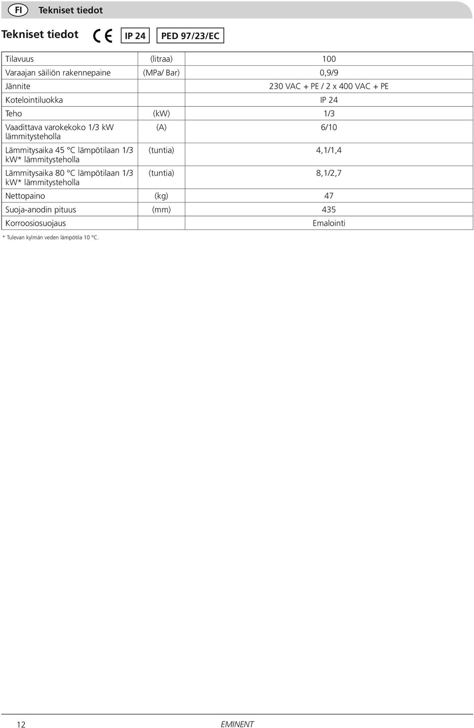 lämmitysteholla Lämmitysaika 45 C lämpötilaan 1/3 (tuntia) 4,1/1,4 kw* lämmitysteholla Lämmitysaika 80 C lämpötilaan 1/3