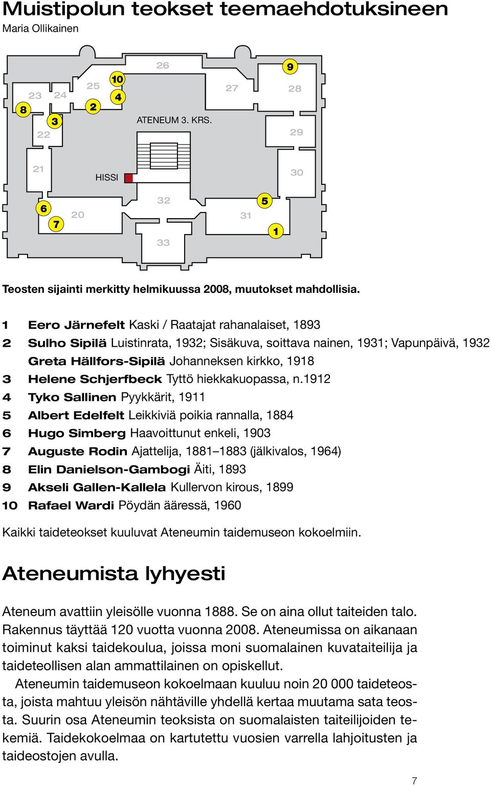 1 Eero Järnefelt Kaski / Raatajat rahanalaiset, 1893 2 Sulho Sipilä Luistinrata, 1932; Sisäkuva, soittava nainen, 1931; Vapunpäivä, 1932 Greta Hällfors-Sipilä Johanneksen kirkko, 1918 3 Helene