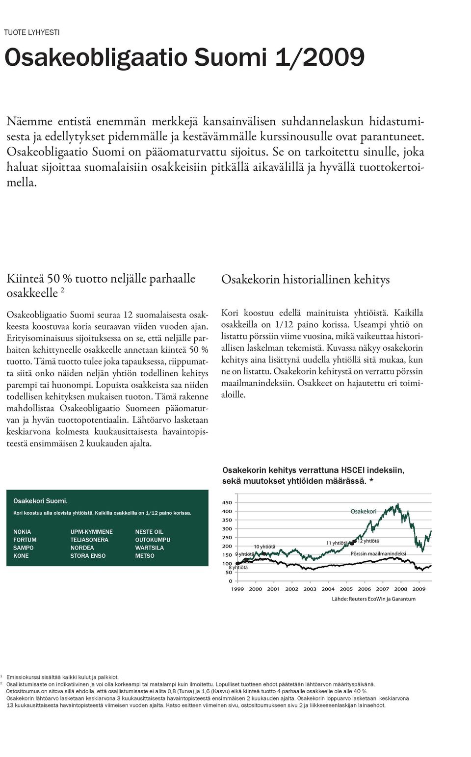 Kiinteä 50 % tuotto neljälle parhaalle osakkeelle 2 Osakeobligaatio Suomi seuraa 12 suomalaisesta osakkeesta koostuvaa koria seuraavan viiden vuoden ajan.