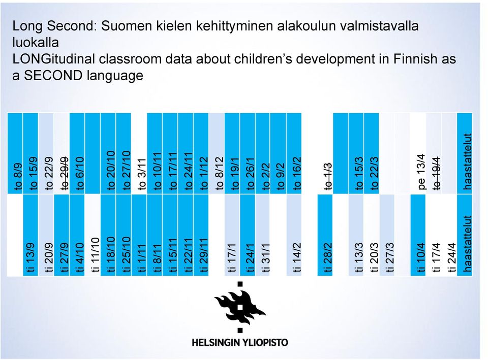 to 17/11 to 24/11 to 1/12 to 8/12 to 19/1 to 26/1 to 2/2 to 9/2 to 16/2 to 1/3 to 15/3 to 22/3 pe 13/4 to 19/4 haastattelut Long Second: