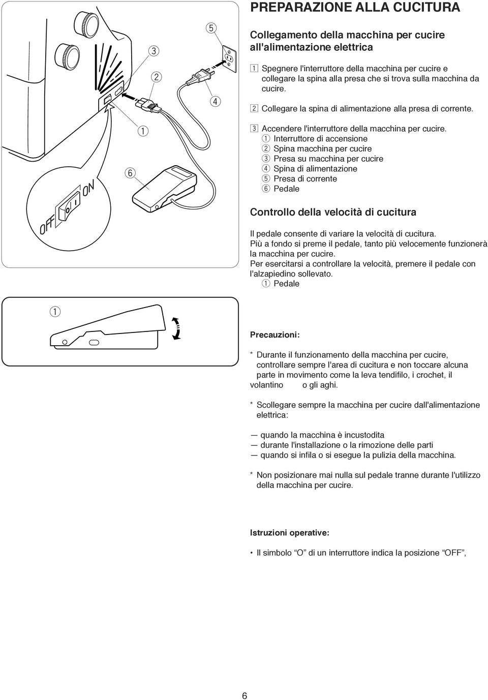 Interruttore di accensione Spina macchina per cucire e Presa su macchina per cucire r Spina di alimentazione t Presa di corrente y Pedale Controllo della velocità di cucitura Il pedale consente di