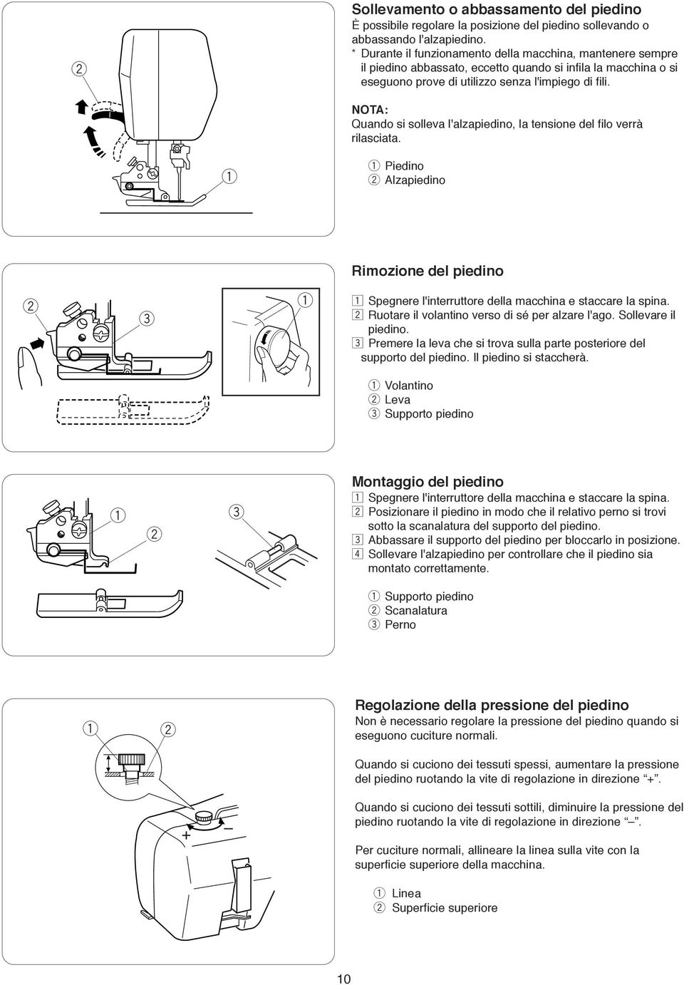 Quando si solleva l'alzapiedino, la tensione del filo verrà rilasciata. Piedino Alzapiedino Rimozione del piedino e z Spegnere l'interruttore della macchina e staccare la spina.