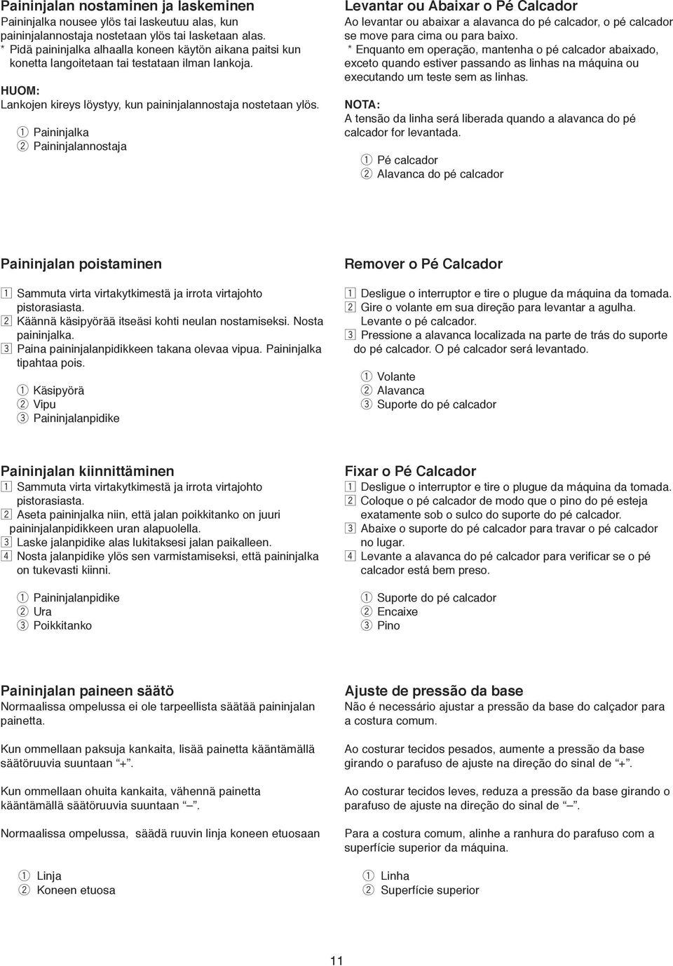 Paininjalka Paininjalannostaja Levantar ou Abaixar o Pé Calcador Ao levantar ou abaixar a alavanca do pé calcador, o pé calcador se move para cima ou para baixo.