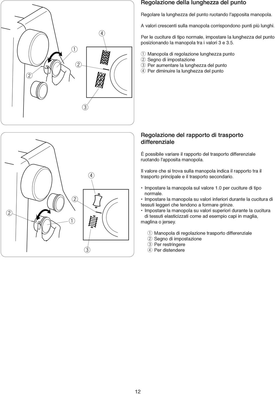 Manopola di regolazione lunghezza punto Segno di impostazione e Per aumentare la lunghezza del punto r Per diminuire la lunghezza del punto e Regolazione del rapporto di trasporto differenziale È