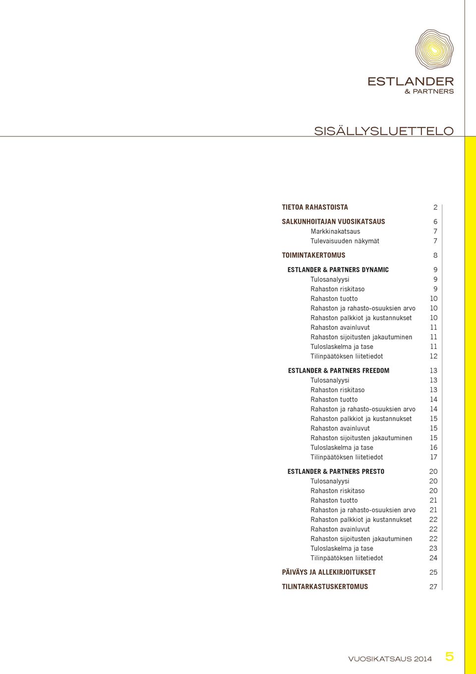 liitetiedot 12 ESTLANDER & PARTNERS FREEDOM 13 Tulosanalyysi 13 Rahaston riskitaso 13 Rahaston tuotto 14 Rahaston ja rahasto-osuuksien arvo 14 Rahaston palkkiot ja kustannukset 15 Rahaston avainluvut