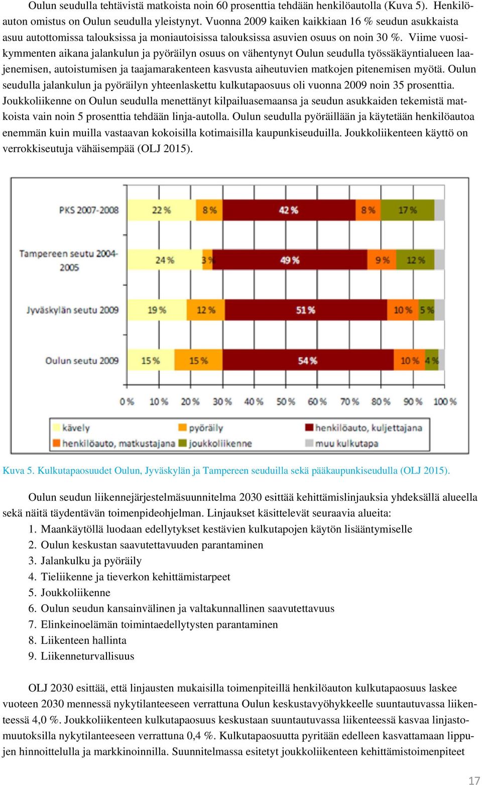 Viime vuosikymmenten aikana jalankulun ja pyöräilyn osuus on vähentynyt Oulun seudulla työssäkäyntialueen laajenemisen, autoistumisen ja taajamarakenteen kasvusta aiheutuvien matkojen pitenemisen