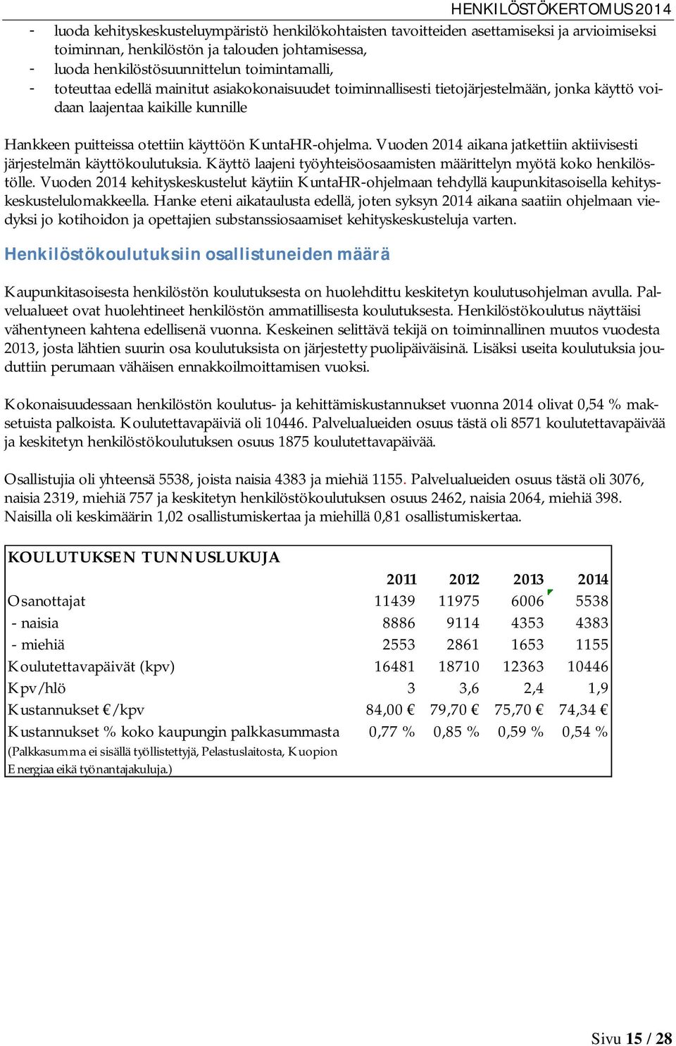 Vuoden 2014 aikana jatkettiin aktiivisesti järjestelmän käyttökoulutuksia. Käyttö laajeni työyhteisöosaamisten määrittelyn myötä koko henkilöstölle.