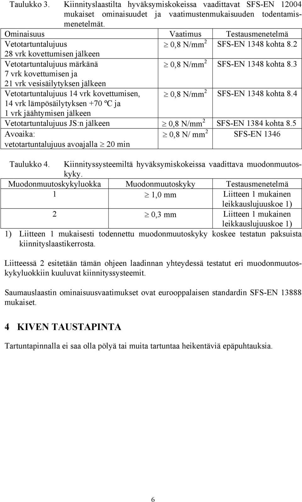 3 7 vrk kovettumisen ja 21 vrk vesisäilytyksen jälkeen Vetotartuntalujuus 14 vrk kovettumisen, 0,8 N/mm 2 SFS-EN 1348 kohta 8.