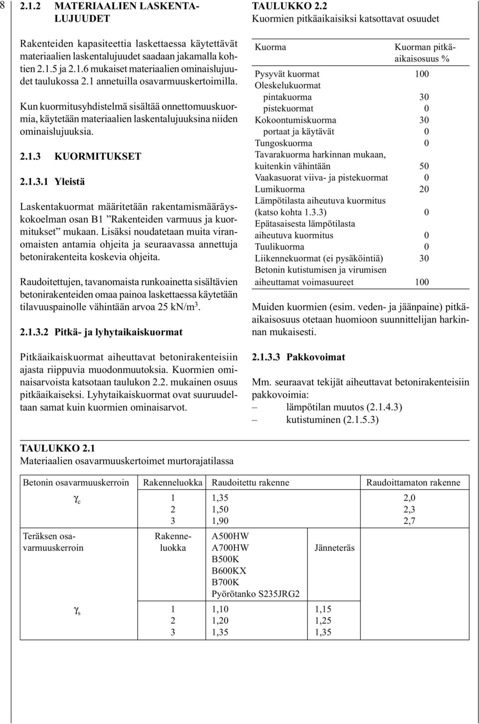 KUORMITUKSET 2.1.3.1 Yleistä Laskentakuormat määritetään rakentamismääräyskokoelman osan B1 Rakenteiden varmuus ja kuormitukset mukaan.