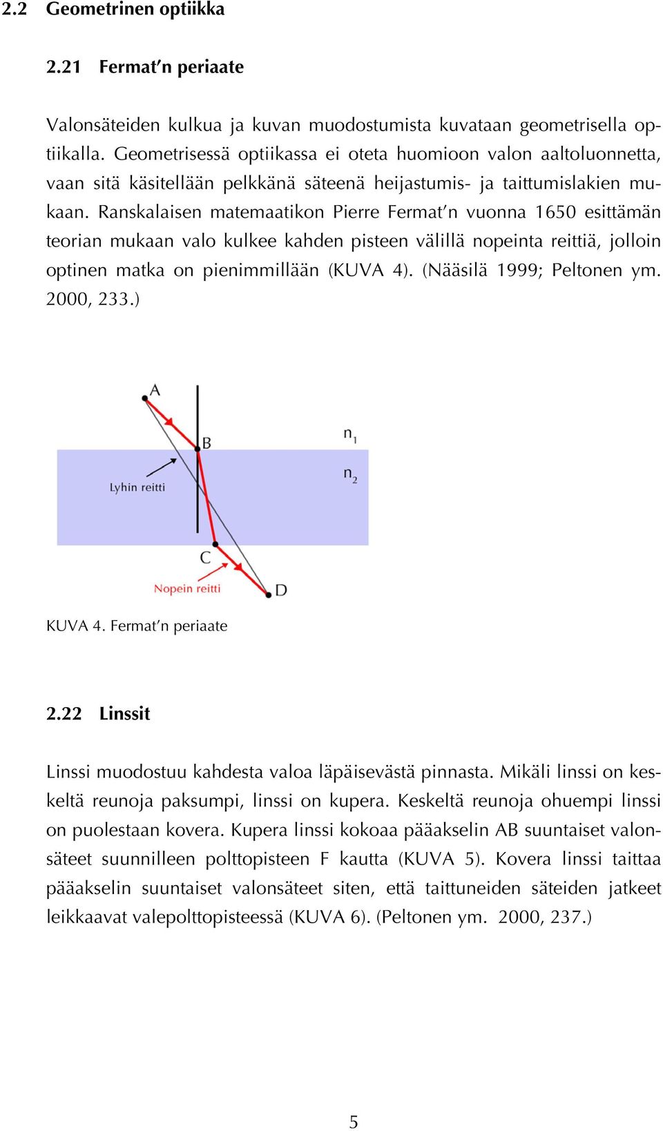 Ranskalaisen matemaatikon Pierre Fermat n vuonna 1650 esittämän teorian mukaan valo kulkee kahden pisteen välillä nopeinta reittiä, jolloin optinen matka on pienimmillään (KUVA 4).