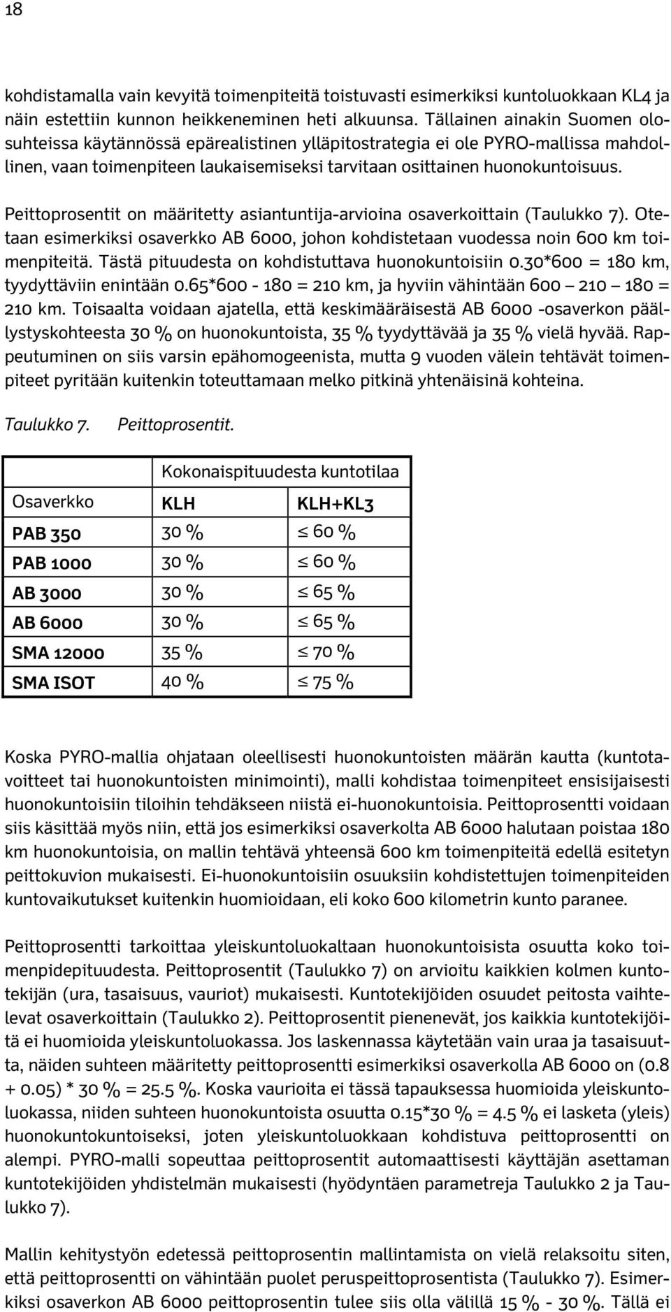 Peittoprosentit on määritetty asiantuntija-arvioina osaverkoittain (Taulukko 7). Otetaan esimerkiksi osaverkko AB 6000, johon kohdistetaan vuodessa noin 600 km toimenpiteitä.