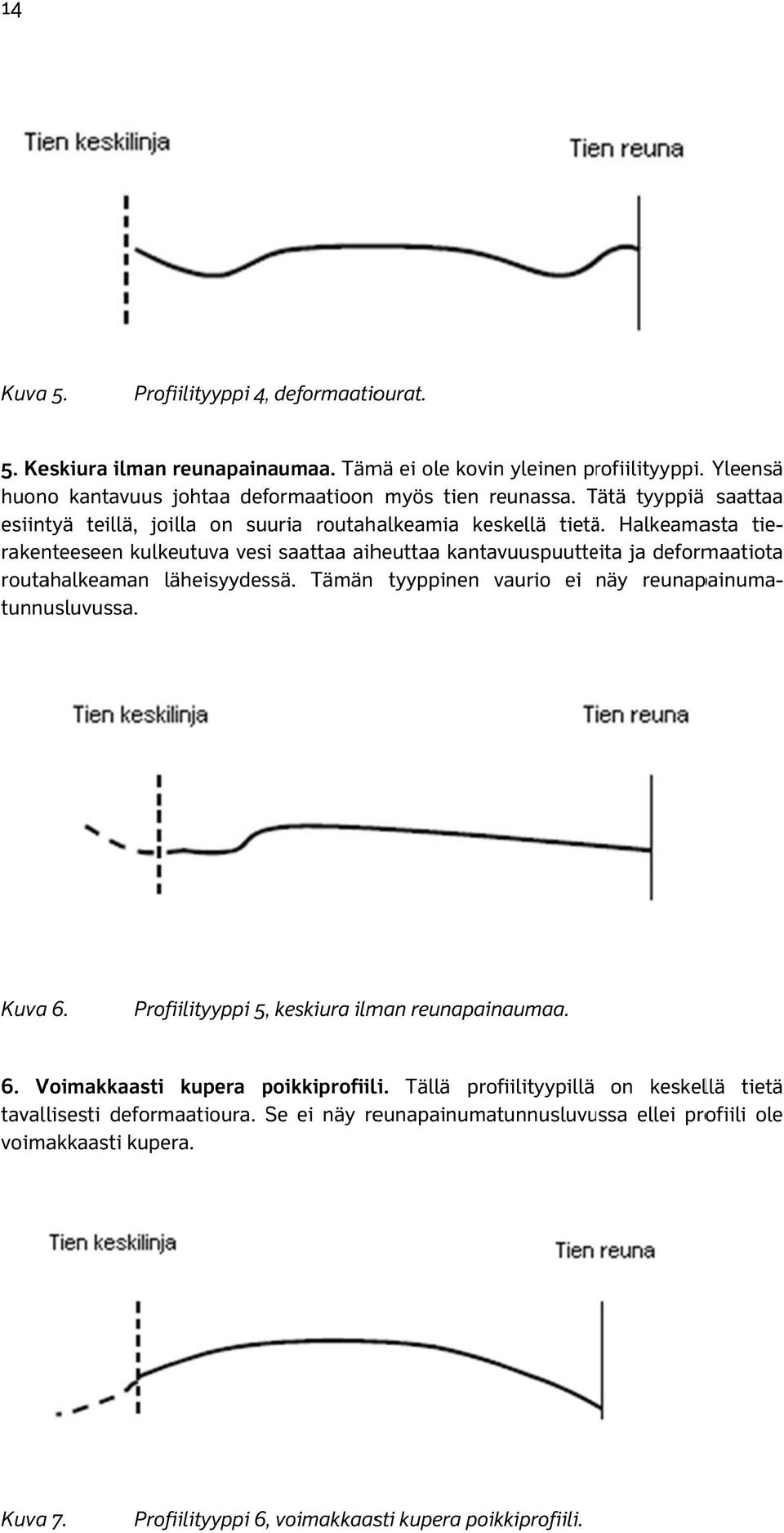 Halkeamasta tie- routahalkeaman läheisyydessä. Tämän tyyppinen vaurio ei näy reunapainuma- tunnusluvussa. rakenteeseen kulkeutuva vesi saattaa aiheuttaa kantavuuspuutteita ja deformaatiota 6.