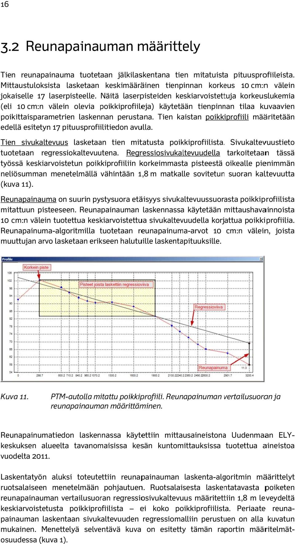 Näitä laserpisteiden keskiarvoistettuja korkeuslukemia (eli 1 cm:n välein olevia poikkiprofiile eja) käytetään tienpinnan tilaa kuvaavien poikittaisparametrien laskennan perustana.