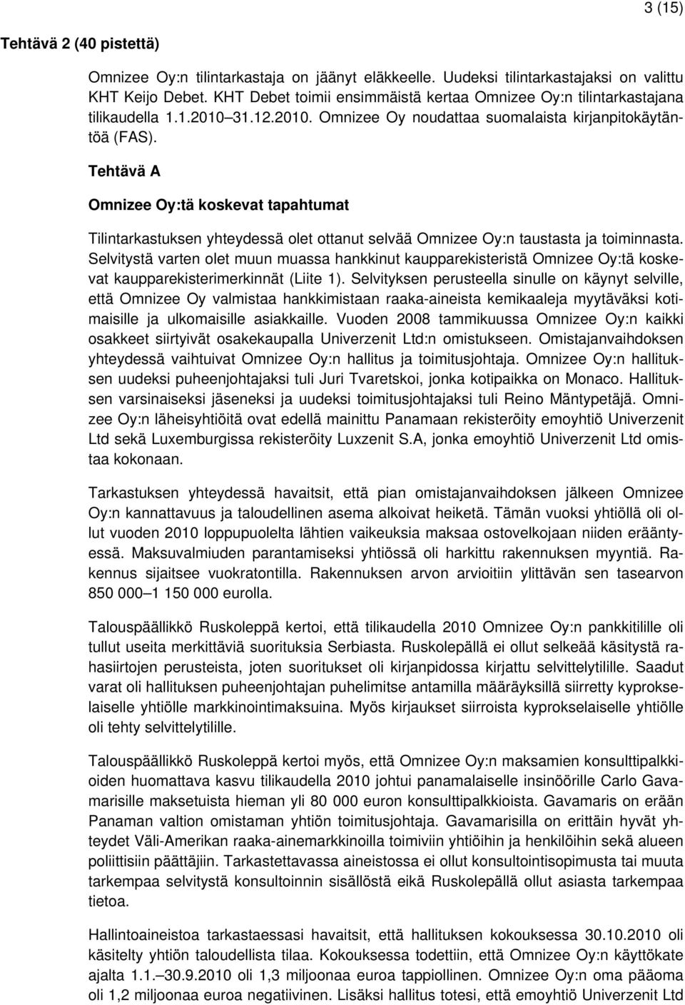 Tehtävä A Omnizee Oy:tä koskevat tapahtumat Tilintarkastuksen yhteydessä olet ottanut selvää Omnizee Oy:n taustasta ja toiminnasta.