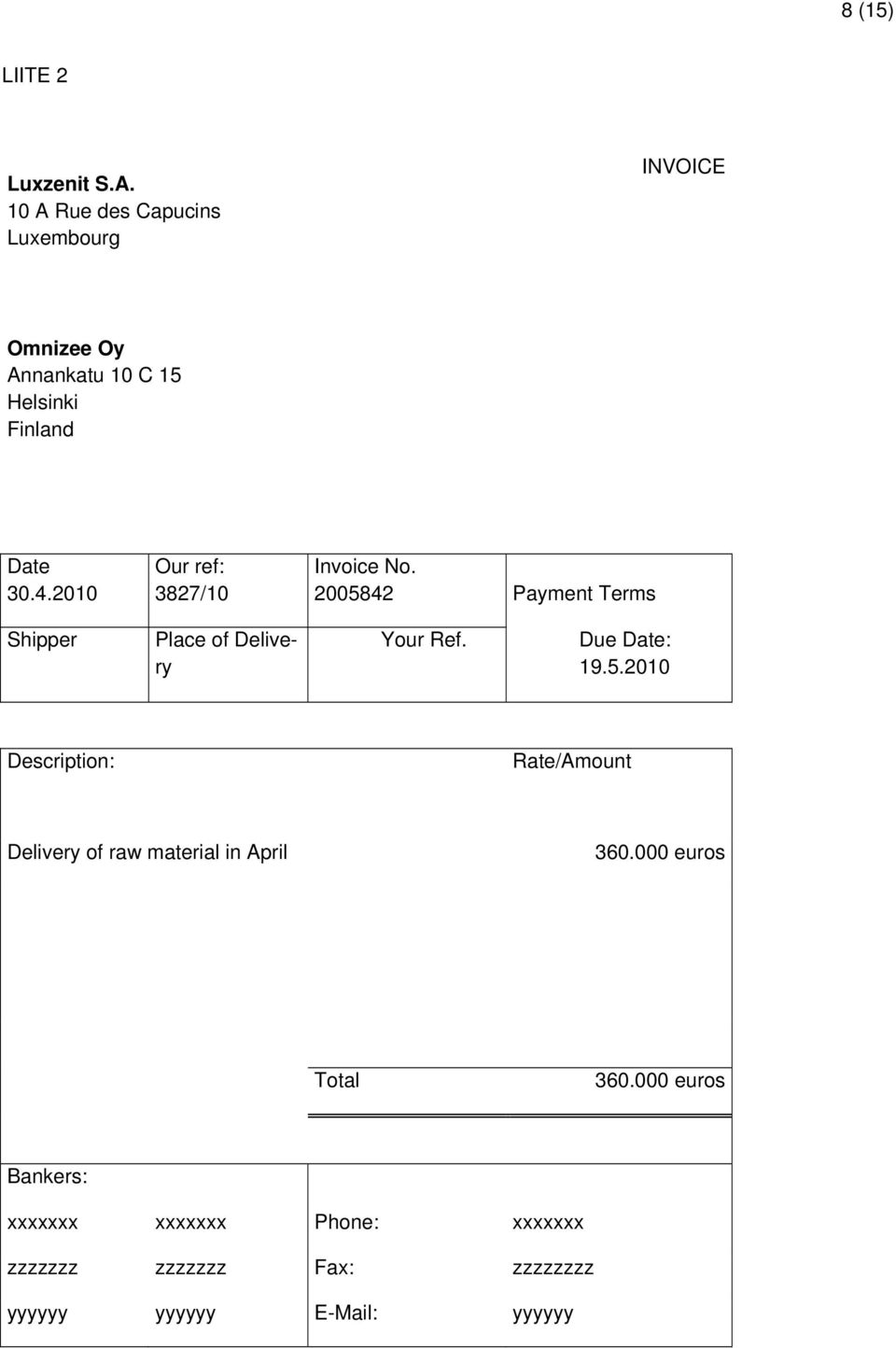 2010 Our ref: 3827/10 Invoice No. 2005842 Payment Terms Shipper Place of Delivery Your Ref. Due Date: 19.5.2010 Description: Rate/Amount Delivery of raw material in April 360.