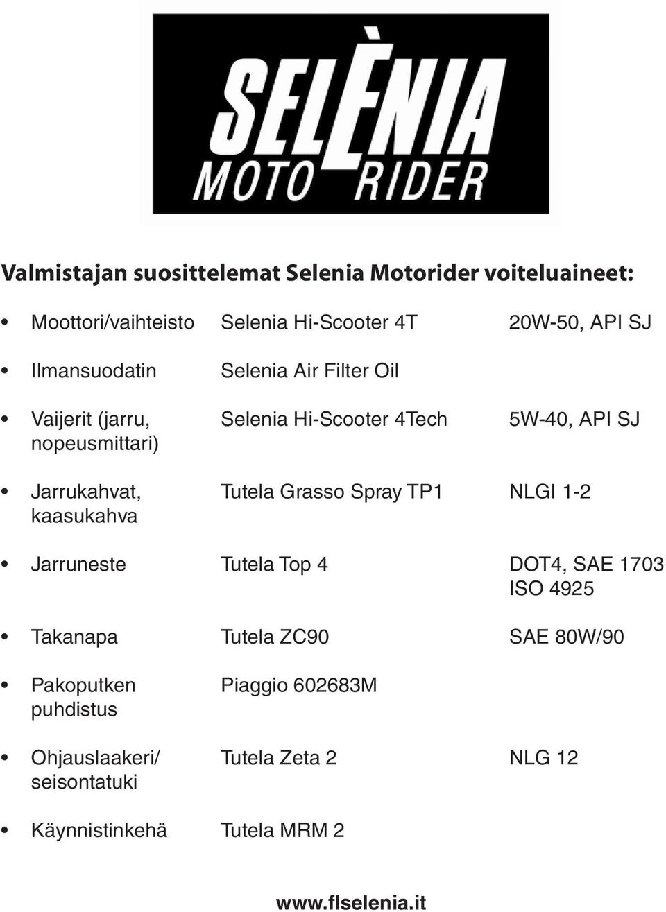 Tutela Grasso Spray TP1 NLGI 1-2 kaasukahva Jarruneste Tutela Top 4 DOT4, SAE 1703 ISO 4925 Takanapa Tutela ZC90 SAE