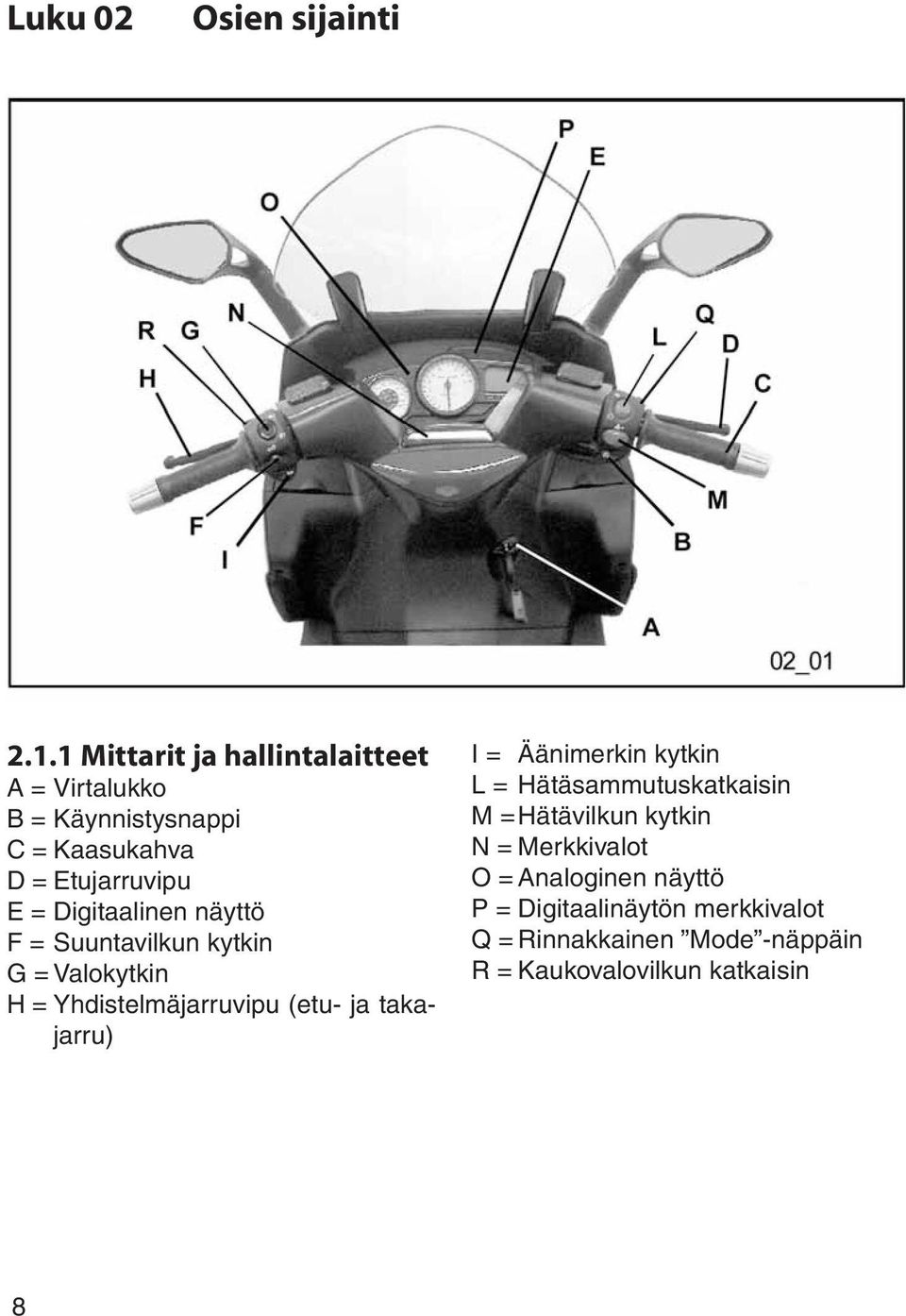 Digitaalinen näyttö F = Suuntavilkun kytkin G = Valokytkin H = Yhdistelmäjarruvipu (etu- ja takajarru) I =