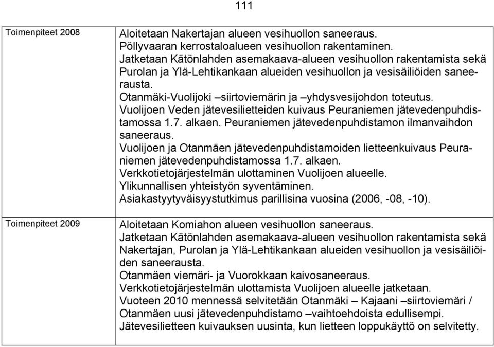 Otanmäki-Vuolijoki siirtoviemärin ja yhdysvesijohdon toteutus. Vuolijoen Veden jätevesilietteiden kuivaus Peuraniemen jätevedenpuhdistamossa 1.7. alkaen.