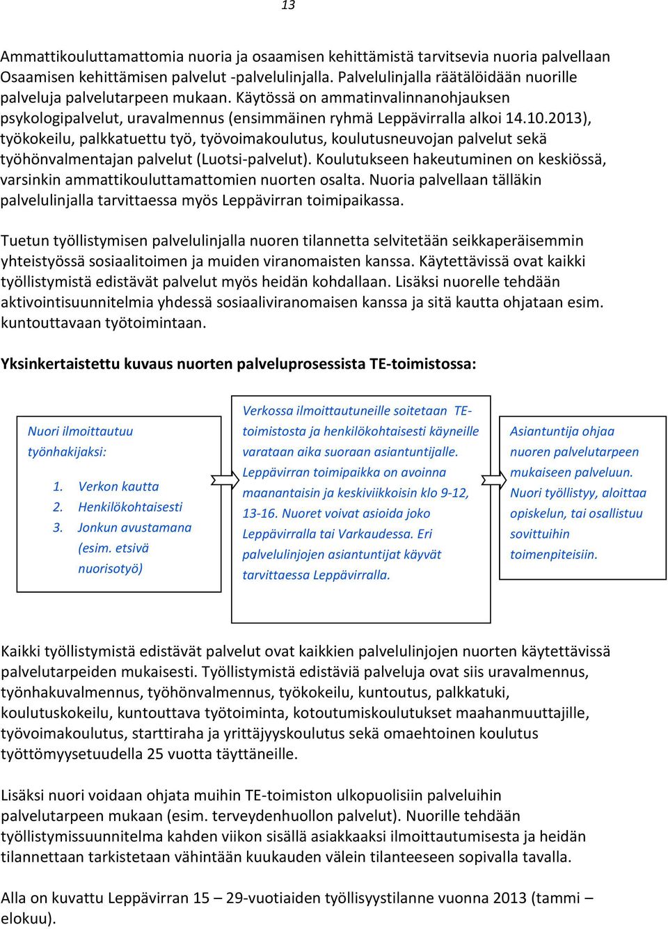 2013), työkokeilu, palkkatuettu työ, työvoimakoulutus, koulutusneuvojan palvelut sekä työhönvalmentajan palvelut (Luotsi-palvelut).