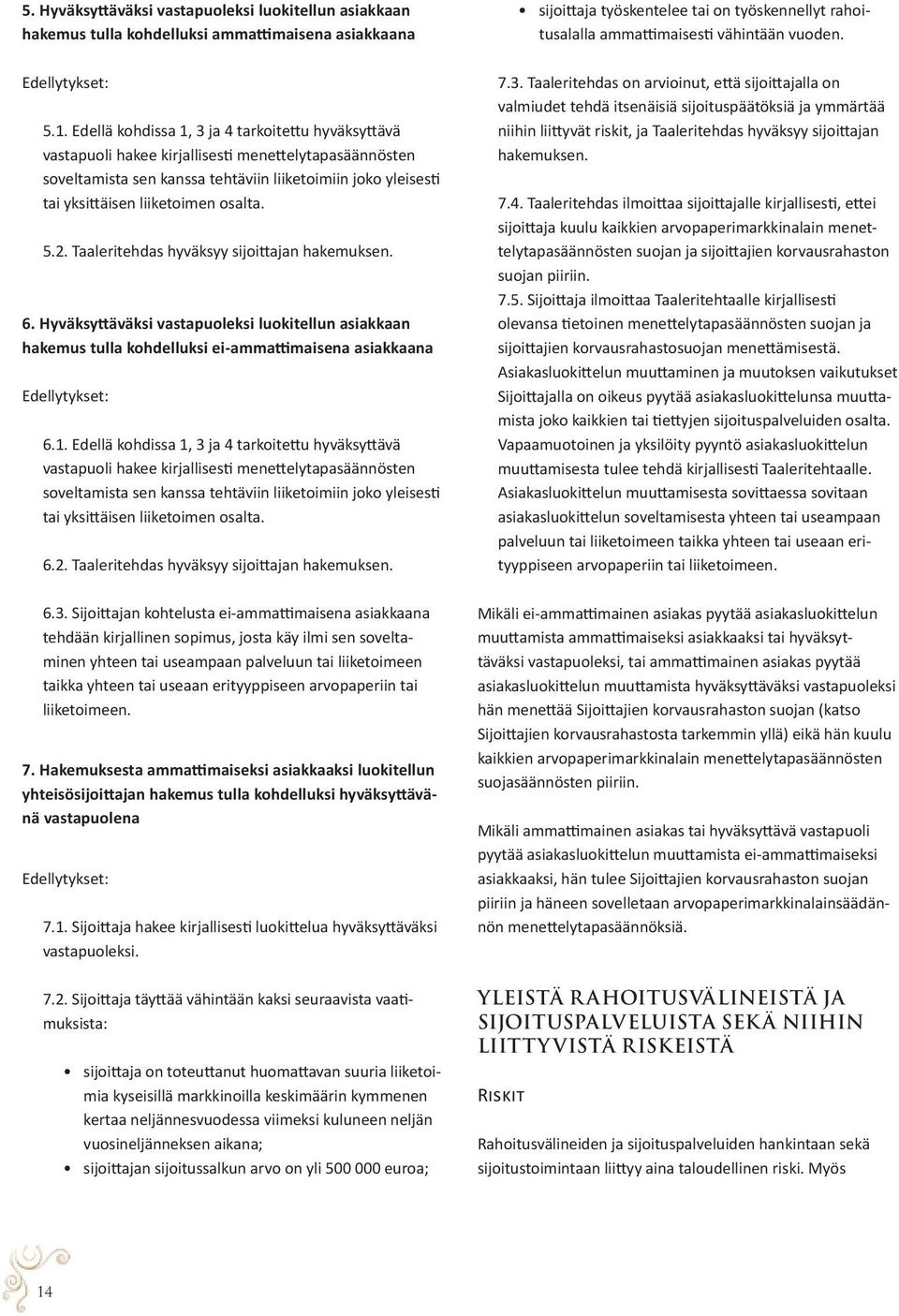 osalta. 5.2. Taaleritehdas hyväksyy sijoittajan hakemuksen. 6. Hyväksyttäväksi vastapuoleksi luokitellun asiakkaan hakemus tulla kohdelluksi ei-ammattimaisena asiakkaana Edellytykset: 6.1.  osalta. 6.2. Taaleritehdas hyväksyy sijoittajan hakemuksen. 6.3.