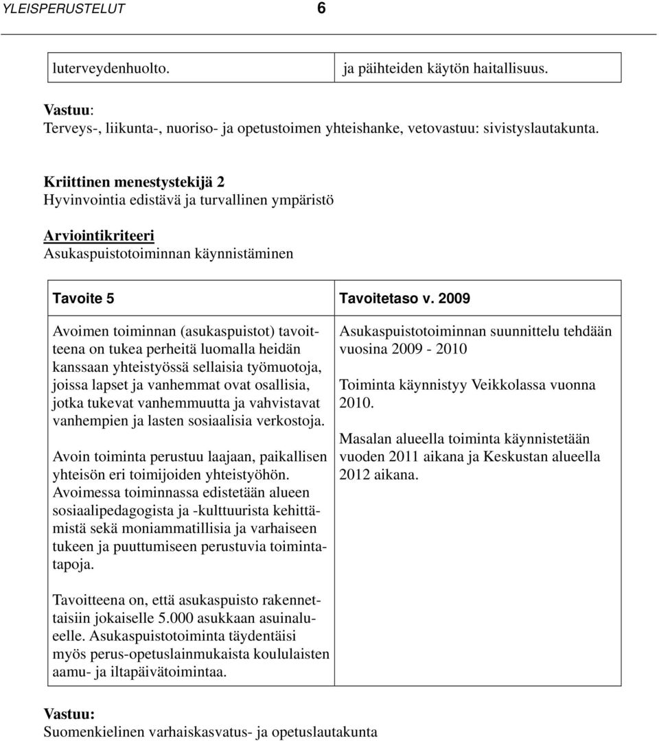 2009 Avoimen toiminnan (asukaspuistot) tavoitteena on tukea perheitä luomalla heidän kanssaan yhteistyössä sellaisia työmuotoja, joissa lapset ja vanhemmat ovat osallisia, jotka tukevat vanhemmuutta