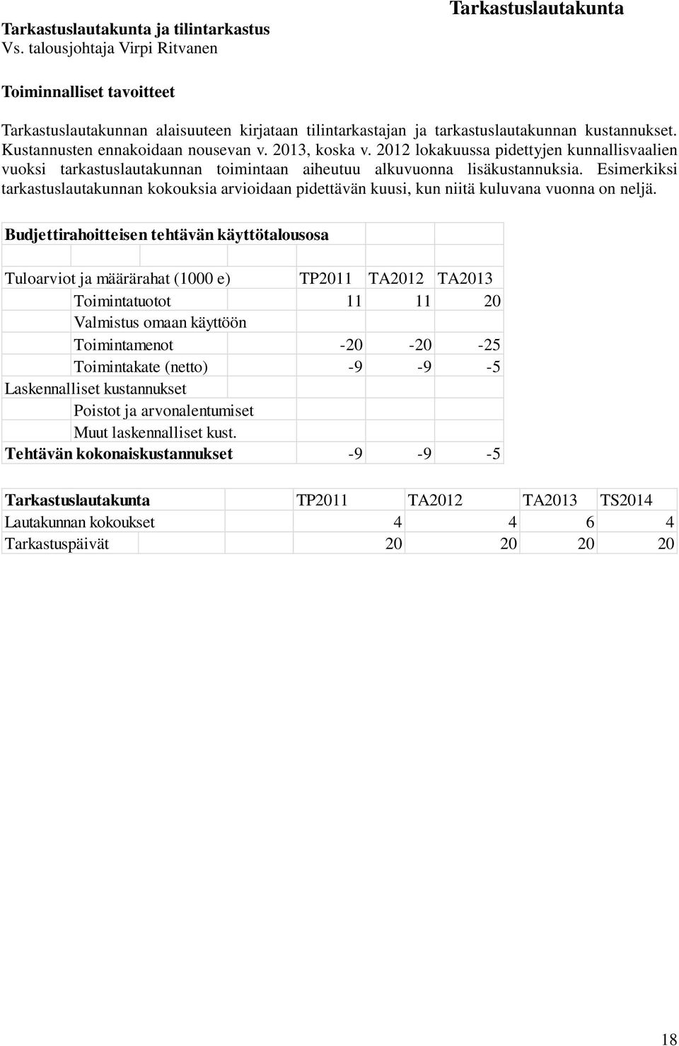 Kustannusten ennakoidaan nousevan v. 2013, koska v. 2012 lokakuussa pidettyjen kunnallisvaalien vuoksi tarkastuslautakunnan toimintaan aiheutuu alkuvuonna lisäkustannuksia.