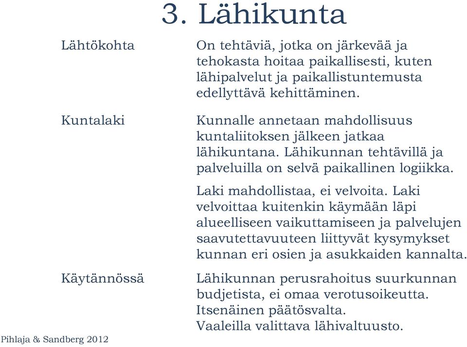 Kunnalle annetaan mahdollisuus kuntaliitoksen jälkeen jatkaa lähikuntana. Lähikunnan tehtävillä ja palveluilla on selvä paikallinen logiikka.