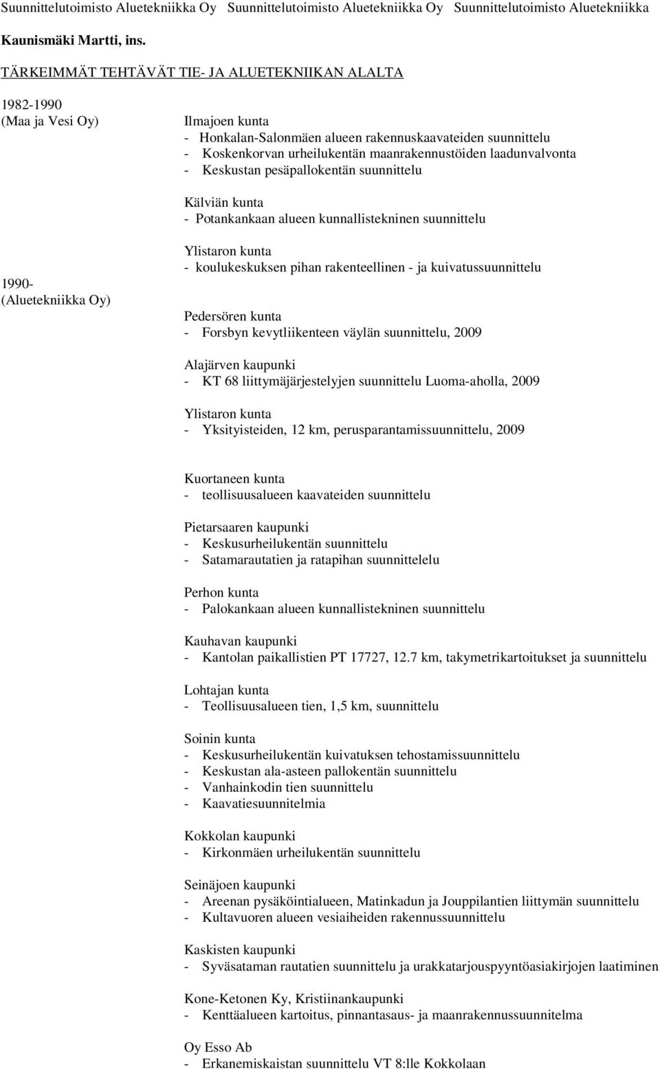 kuivatussuunnittelu Pedersören kunta - Forsbyn kevytliikenteen väylän suunnittelu, 2009 Alajärven kaupunki - KT 68 liittymäjärjestelyjen suunnittelu Luoma-aholla, 2009 Ylistaron kunta -