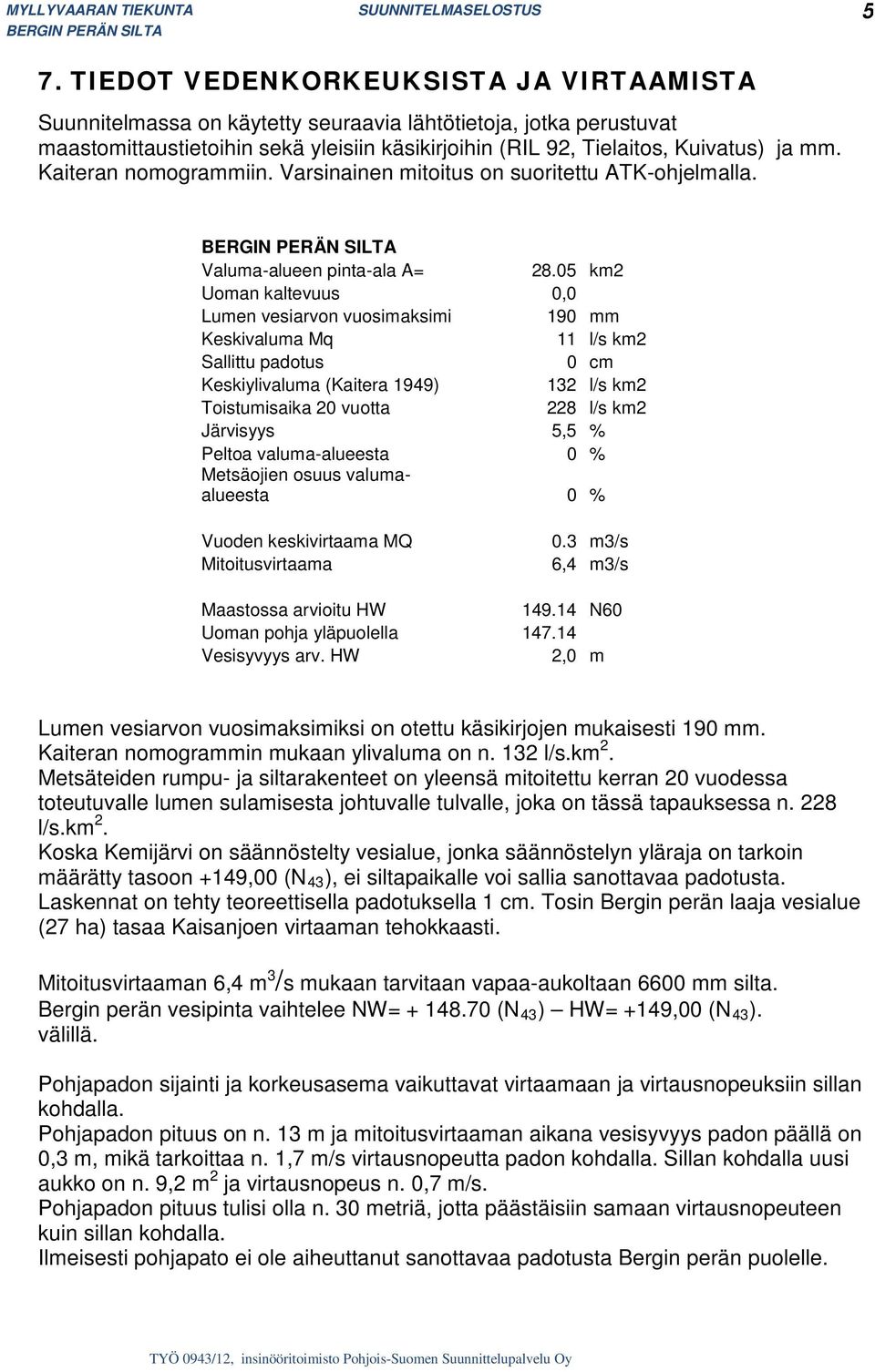 05 km2 Uoman kaltevuus 0,0 Lumen vesiarvon vuosimaksimi 190 mm Keskivaluma Mq 11 l/s km2 Sallittu padotus 0 cm Keskiylivaluma (Kaitera 1949) 132 l/s km2 Toistumisaika 20 vuotta 228 l/s km2 Järvisyys