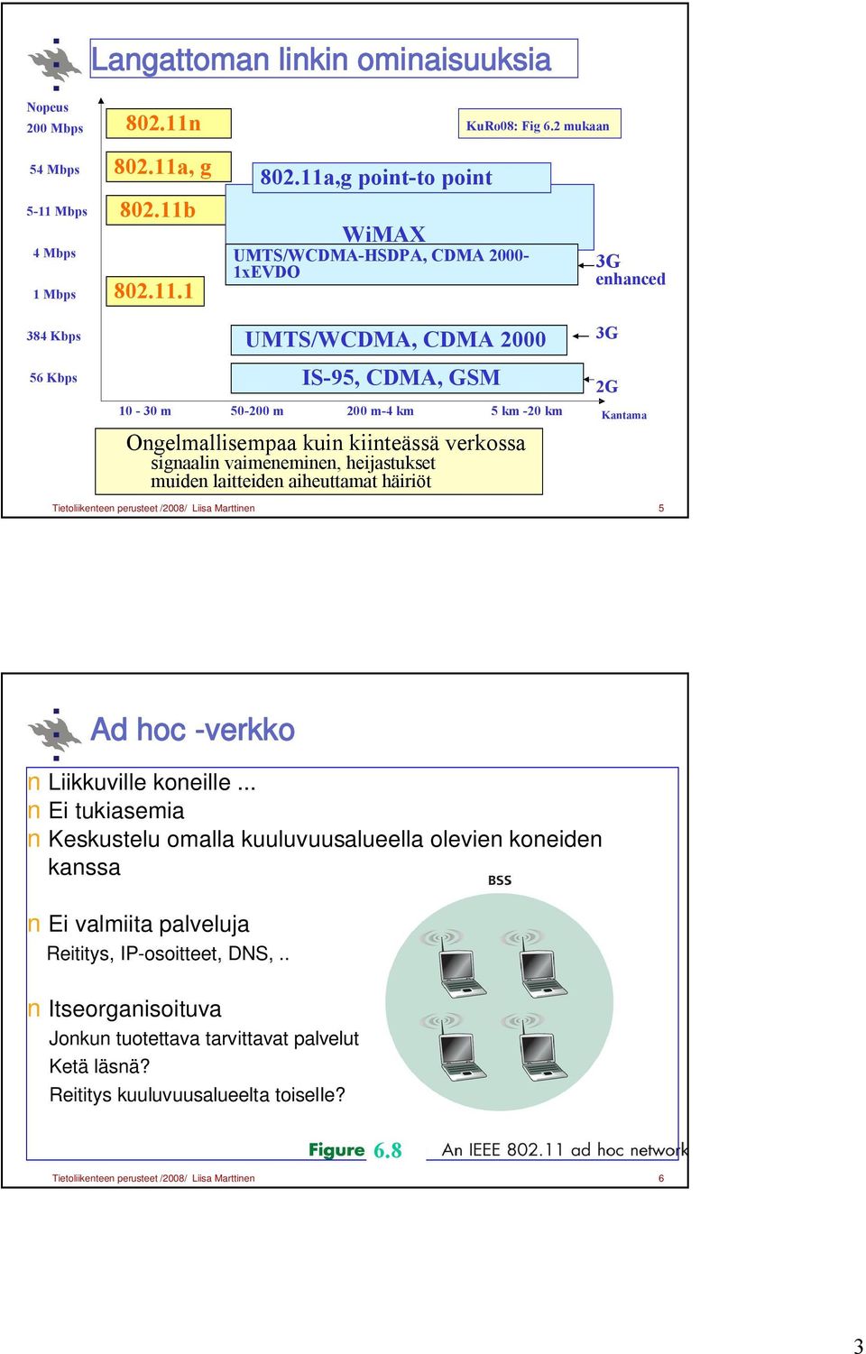 kiinteässä verkossa signaalin vaimeneminen, heijastukset muiden laitteiden aiheuttamat häiriöt Kantama Tietoliikenteen perusteet /2008/ Liisa Marttinen 5 3G 2G Ad hoc -verkko Liikkuville koneille.