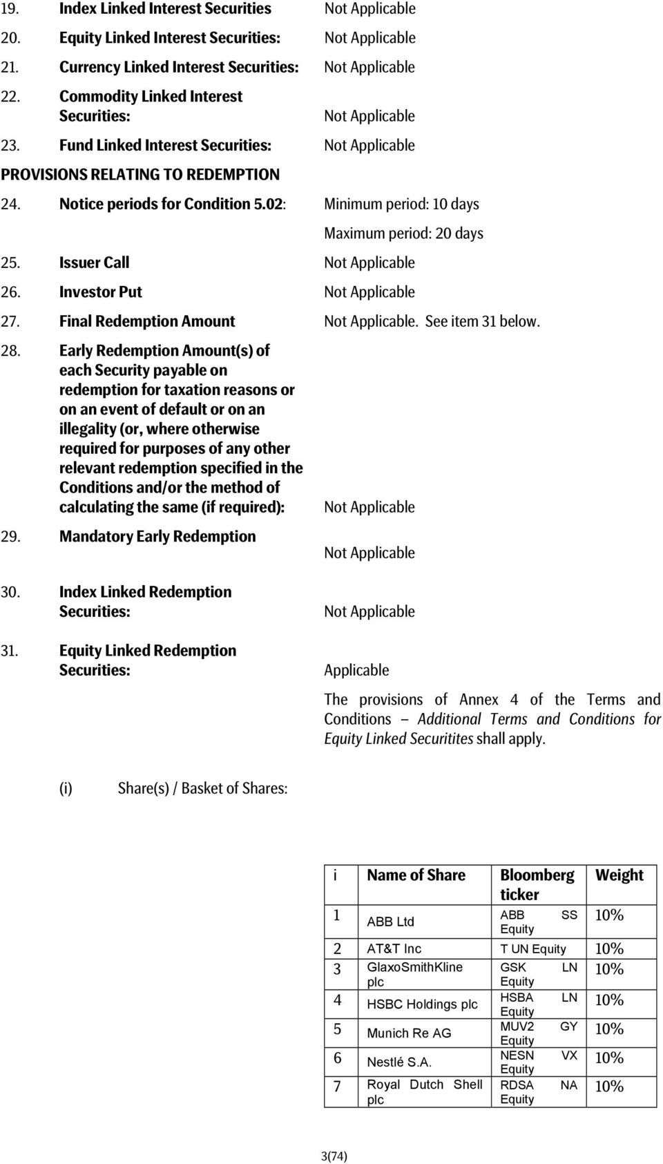 02: Minimum period: 10 days Maximum period: 20 days 25. Issuer Call Not Applicable 26. Investor Put Not Applicable 27. Final Redemption Amount Not Applicable. See item 31 below. 28.