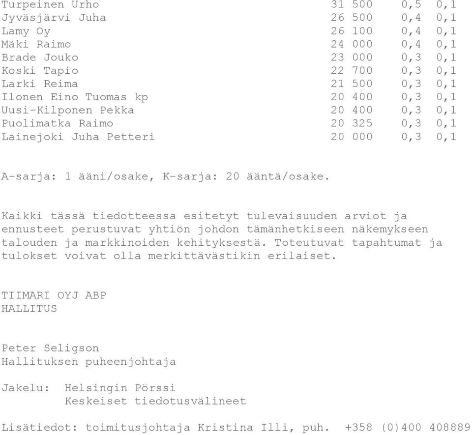 Kaikki tässä tiedotteessa esitetyt tulevaisuuden arviot ja ennusteet perustuvat yhtiön johdon tämänhetkiseen näkemykseen talouden ja markkinoiden kehityksestä.