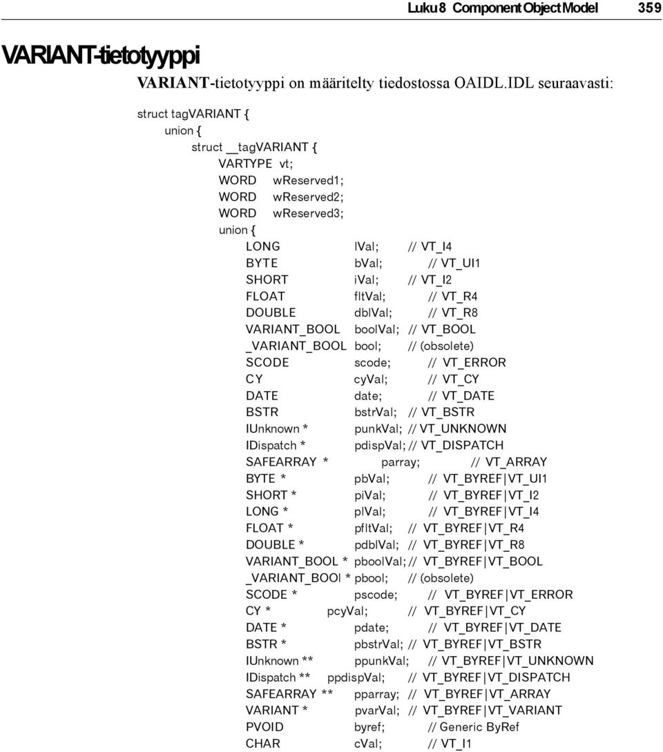 FLOAT fltval; // VT_R4 DOUBLE dblval; // VT_R8 VARIANT_BOOL boolval; // VT_BOOL _VARIANT_BOOL bool; // (obsolete) SCODE scode; // VT_ERROR C Y cyval; // VT_CY DATE date; // VT_DATE BSTR bstrval; //