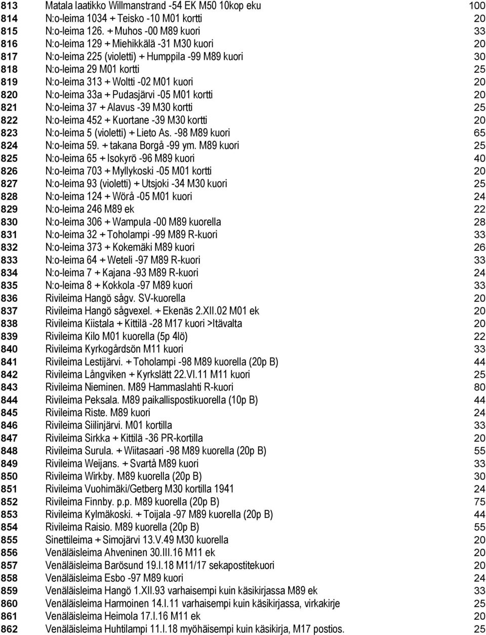 kuori 20 820 N:o-leima 33a + Pudasjärvi -05 M01 kortti 20 821 N:o-leima 37 + Alavus -39 M30 kortti 25 822 N:o-leima 452 + Kuortane -39 M30 kortti 20 823 N:o-leima 5 (violetti) + Lieto As.