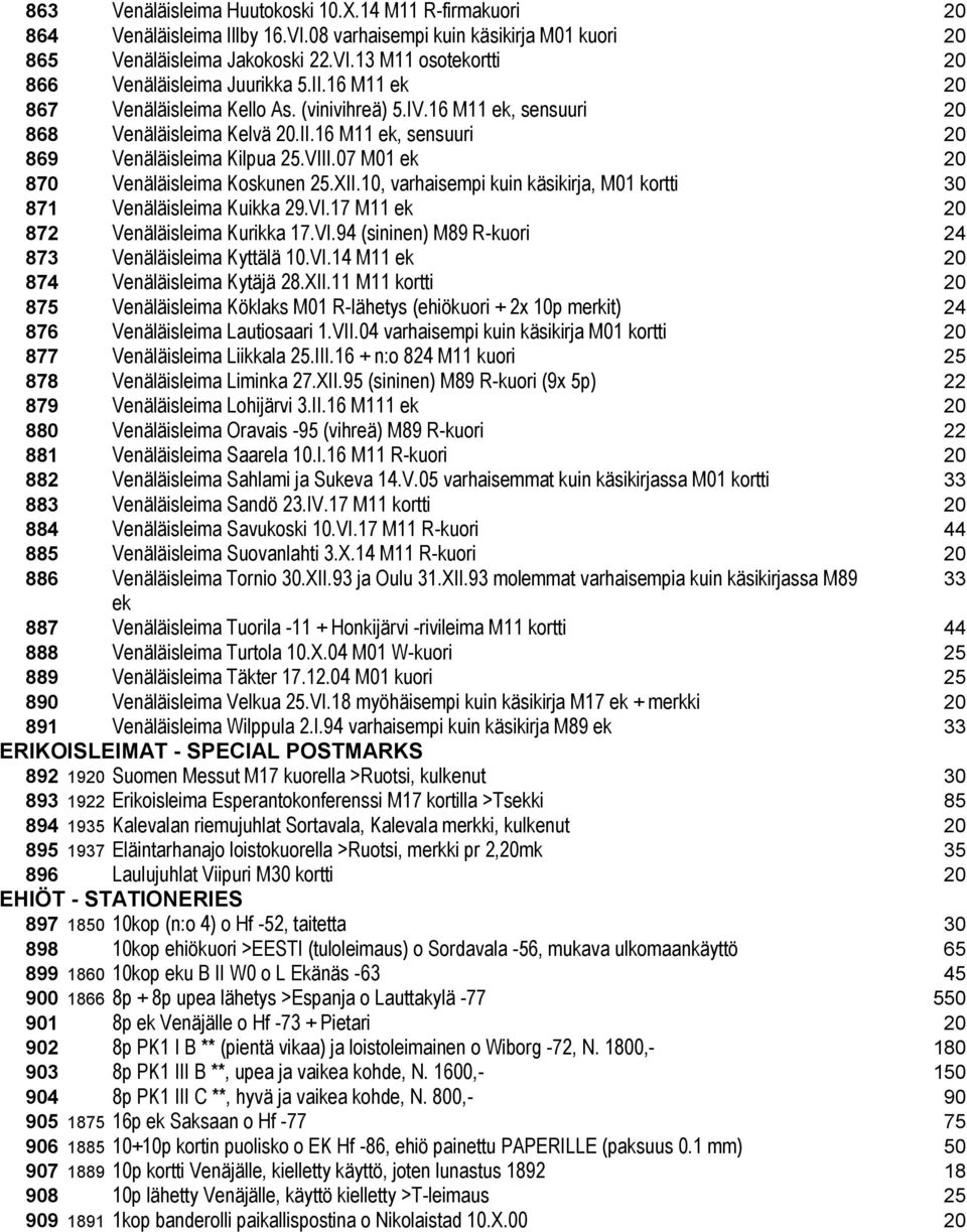 07 M01 ek 20 870 Venäläisleima Koskunen 25.XII.10, varhaisempi kuin käsikirja, M01 kortti 30 871 Venäläisleima Kuikka 29.VI.17 M11 ek 20 872 Venäläisleima Kurikka 17.VI.94 (sininen) M89 R-kuori 24 873 Venäläisleima Kyttälä 10.