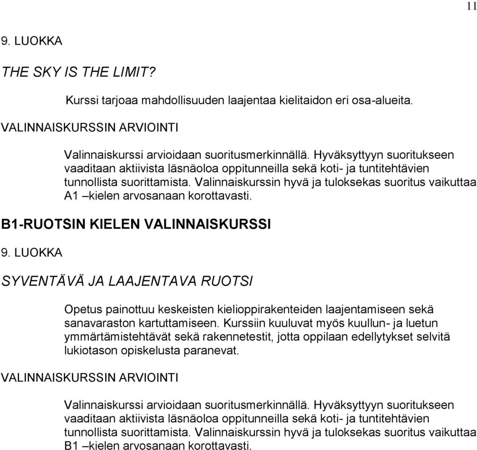 Valinnaiskurssin hyvä ja tuloksekas suoritus vaikuttaa A1 kielen arvosanaan korottavasti. B1-RUOTSIN KIELEN VALINNAISKURSSI 9.