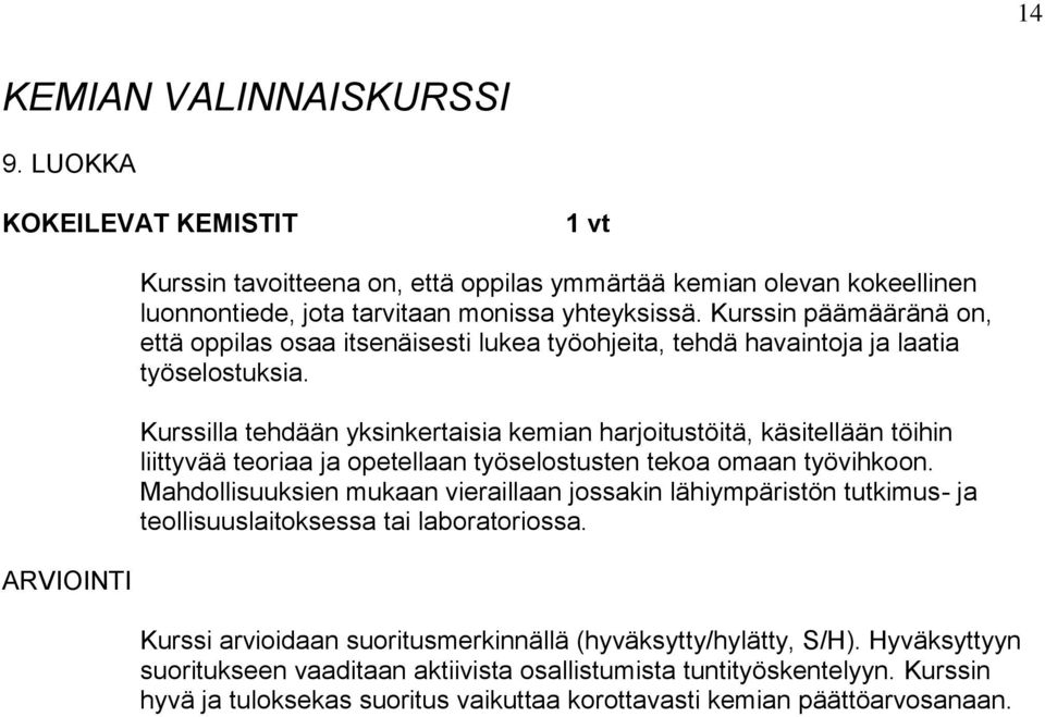 Kurssilla tehdään yksinkertaisia kemian harjoitustöitä, käsitellään töihin liittyvää teoriaa ja opetellaan työselostusten tekoa omaan työvihkoon.