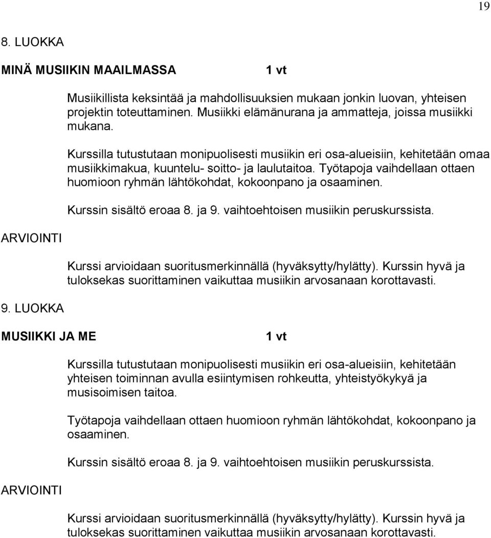 Työtapoja vaihdellaan ottaen huomioon ryhmän lähtökohdat, kokoonpano ja osaaminen. Kurssin sisältö eroaa 8. ja 9. vaihtoehtoisen musiikin peruskurssista.