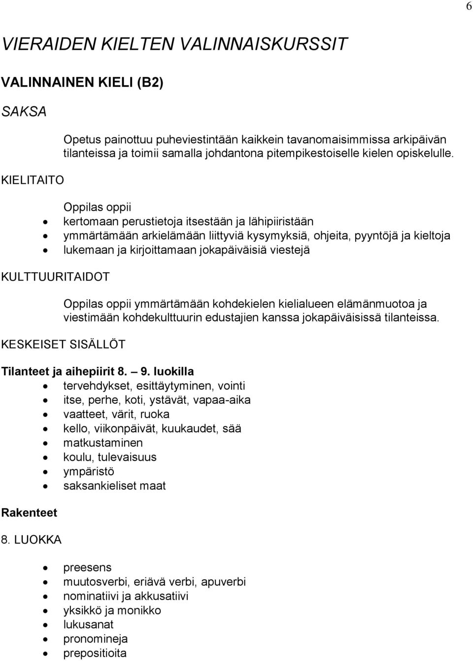 Oppilas oppii kertomaan perustietoja itsestään ja lähipiiristään ymmärtämään arkielämään liittyviä kysymyksiä, ohjeita, pyyntöjä ja kieltoja lukemaan ja kirjoittamaan jokapäiväisiä viestejä