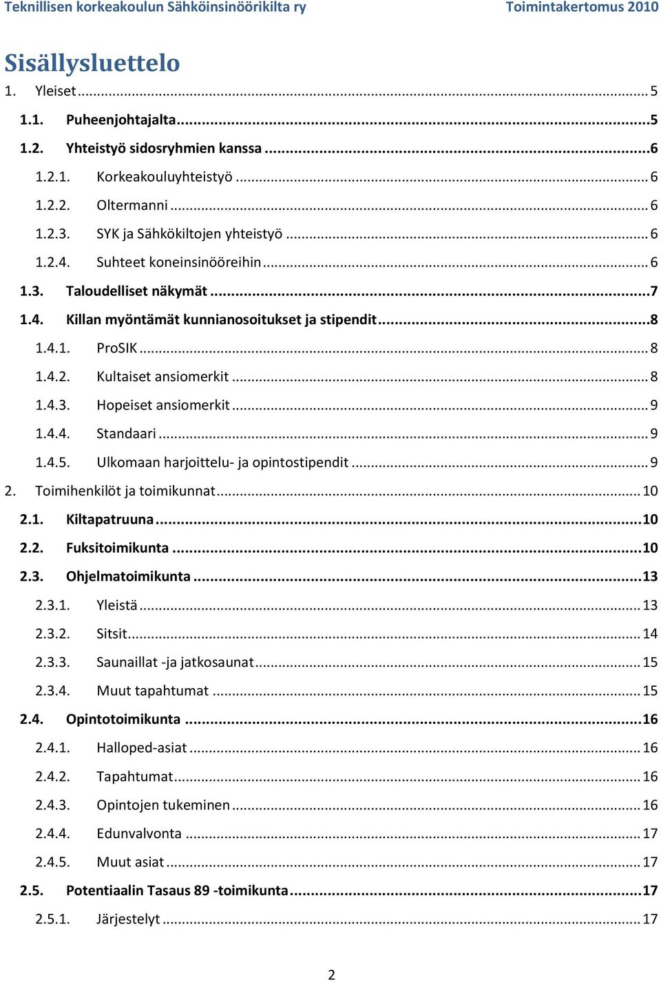 .. 9 1.4.4. Standaari... 9 1.4.5. Ulkomaan harjoittelu- ja opintostipendit... 9 2. Toimihenkilöt ja toimikunnat... 10 2.1. Kiltapatruuna... 10 2.2. Fuksitoimikunta... 10 2.3. Ohjelmatoimikunta... 13 2.