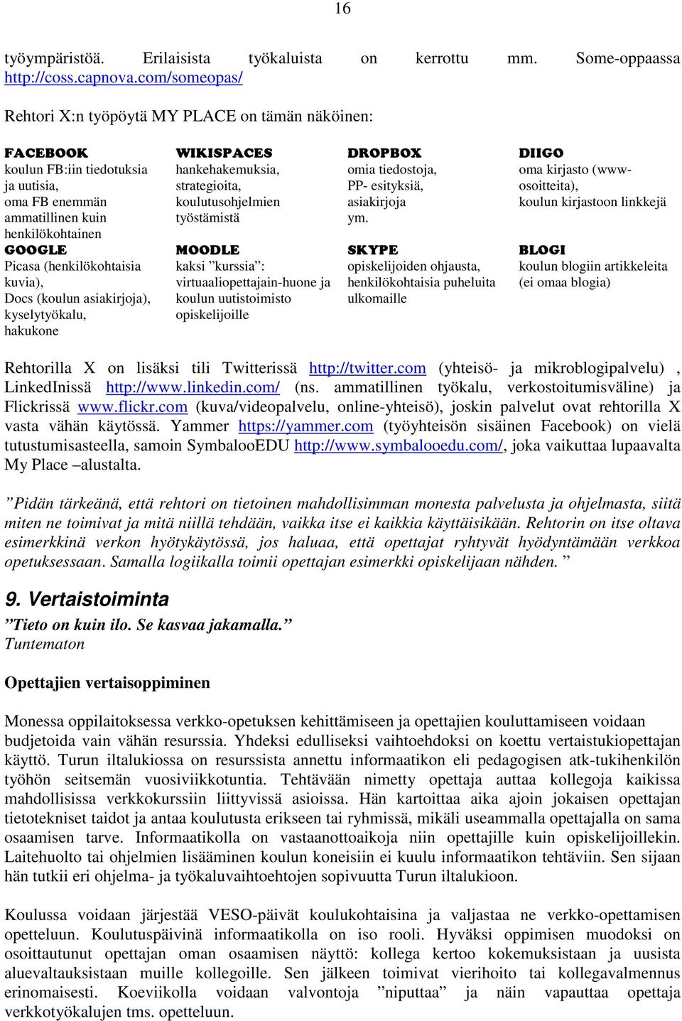 Docs (koulun asiakirjoja), kyselytyökalu, hakukone WIKISPACES hankehakemuksia, strategioita, koulutusohjelmien työstämistä MOODLE kaksi kurssia : virtuaaliopettajain-huone ja koulun uutistoimisto